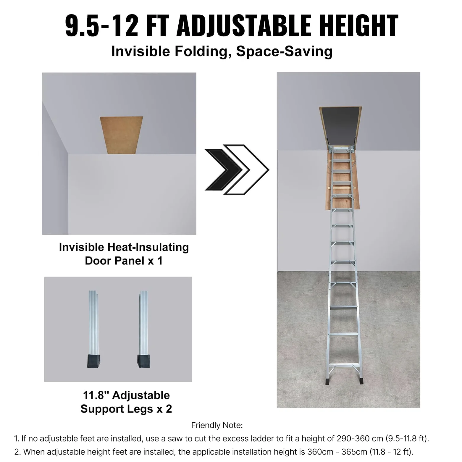 VEVOR Scaletta Pieghevole per Soffitta Scala in Alluminio Regolabile Capacità di Carico 158 kg 56x392 cm Estensione Multiuso Facile da Installare per Attico Ufficio Casa Altezza Applicabile 2,9-3,66 m