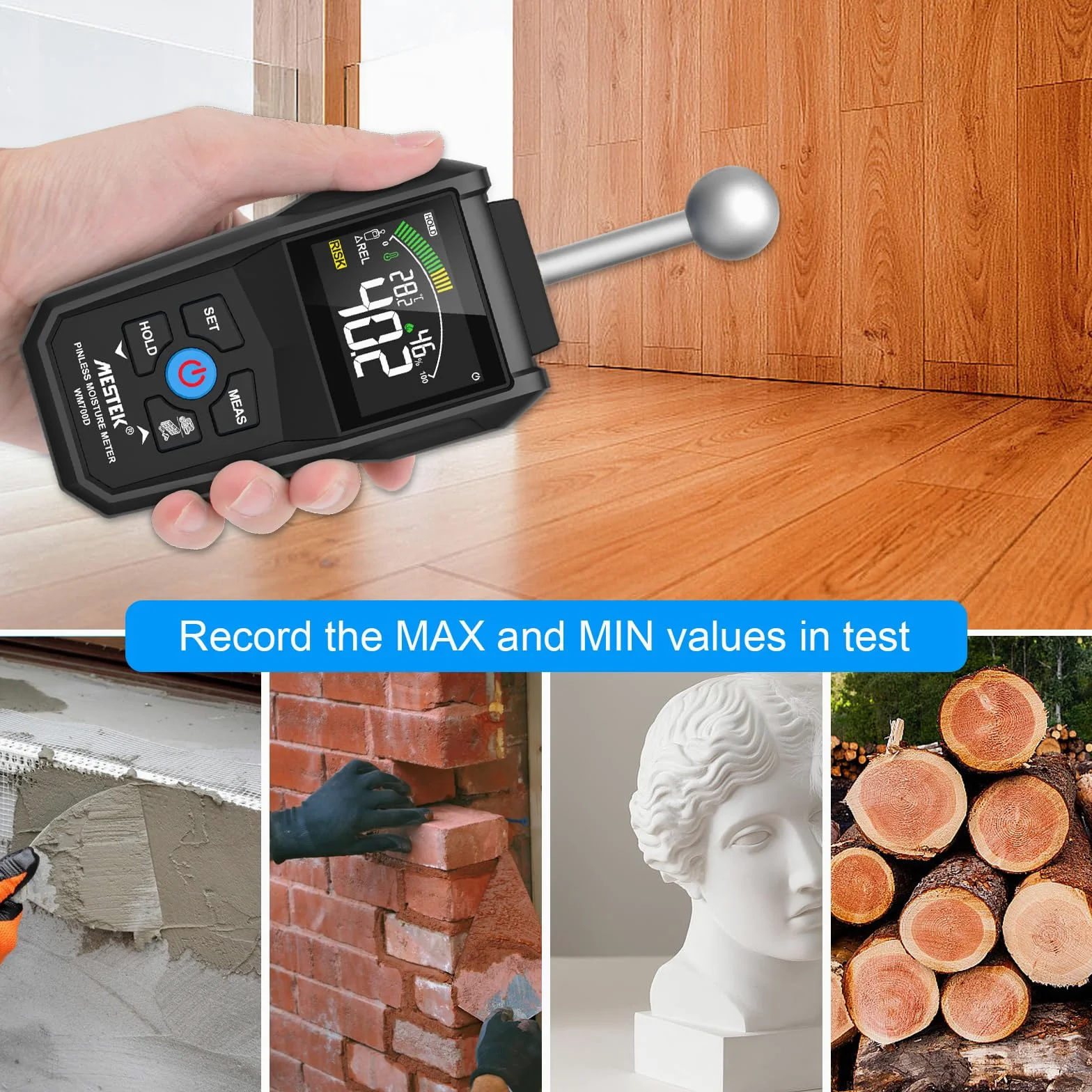 Misuratore di Umidità, MESTEK Igrometro,2 in 1 Misuratore Umidità Muri con LCD a Colori e Allarme Acustico, Profondità di Analisi 20-40 mm,per Legni, Parete, Pavimenti, Legno, Gesso