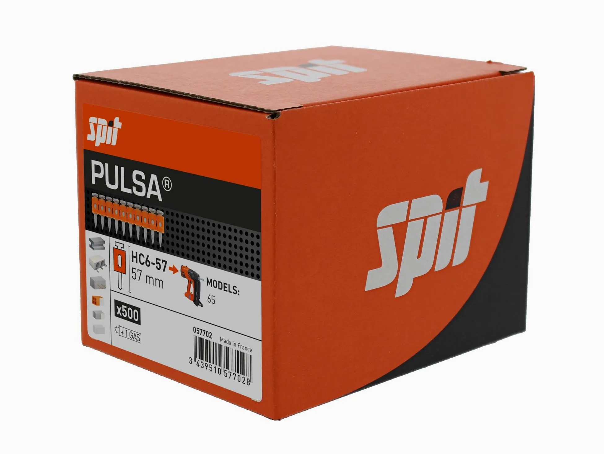 Chiodi ad alte prestazioni per acciaio, calcestruzzo duro e precompresso, confezionati con bombolette di gas, per chiodatrice Spit Pulsa 65 (HC6-57 da 57 mm)