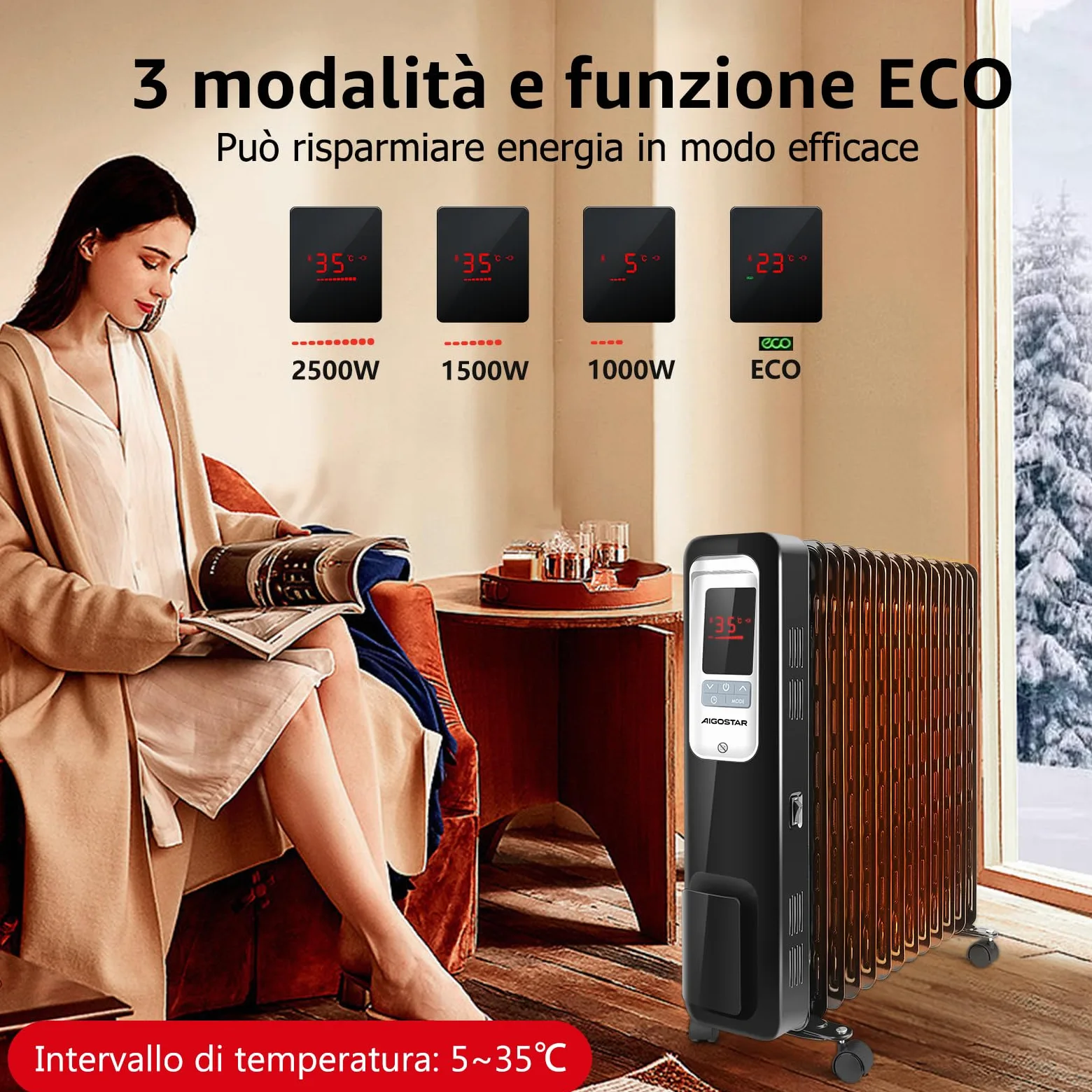 Aigostar Oil Monster 33JHH -Radiatore ad olio da 2500W. Radiatore elettrico 13 elementi con schermo a LED, Telecomando a distanza. Design esclusivo.
