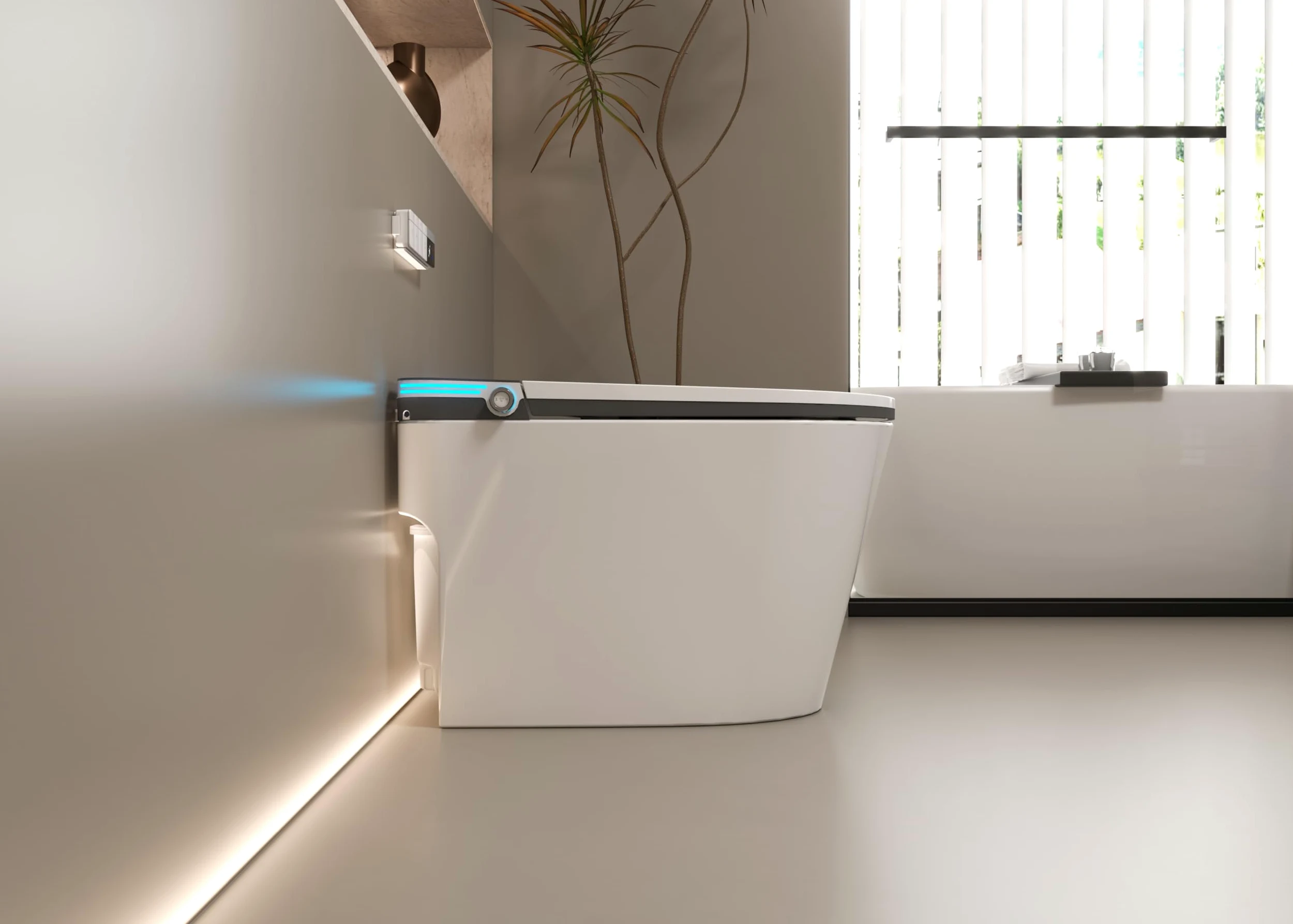 Lussuoso WC allungato con bidet intelligente, doppio risciacquo, apertura e chiusura automatica, sedile riscaldato, scarico a parete, bianco