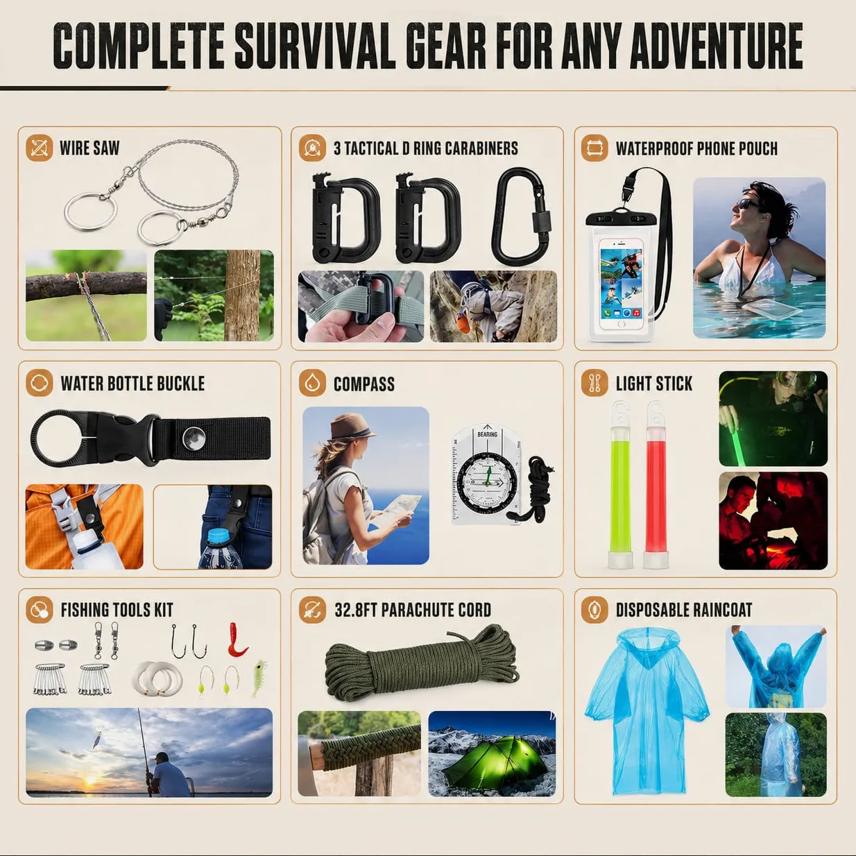 Kit di sopravvivenza, 250 pezzi Kit di primo soccorso per ingranaggi di sopravvivenza con sacchetto compatibile con sistema a molle e tenda di emergenza, kit di emergenza per la terra, avventura