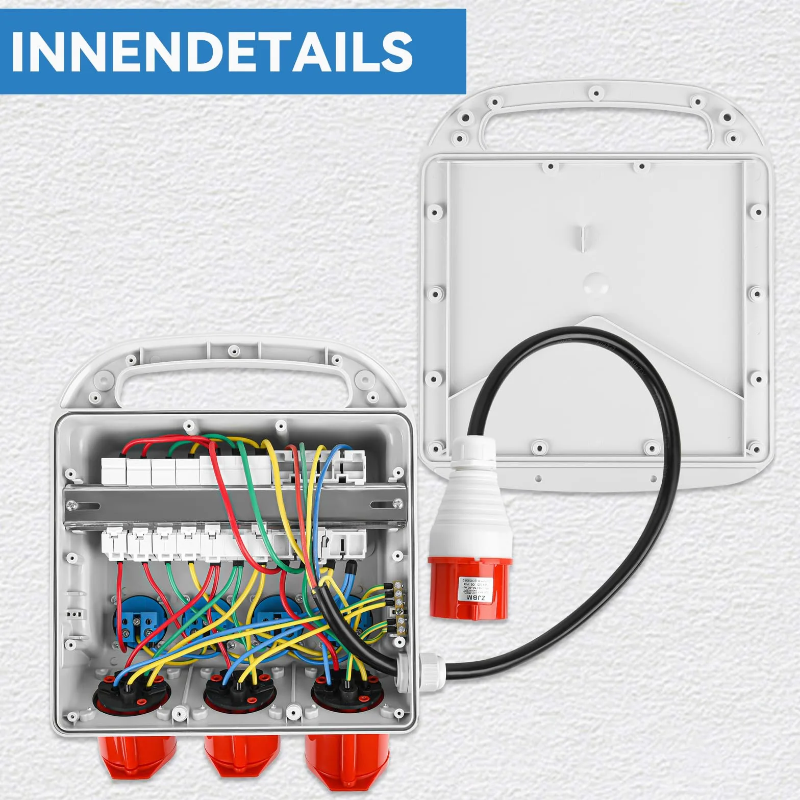 Distributore di corrente da parete, completamente cablato con 4 x 230 V Schuko, CEE 16 A e 32 A, interruttore FI, interruttore LS, alloggiamento impermeabile IP67, per esterni e officine