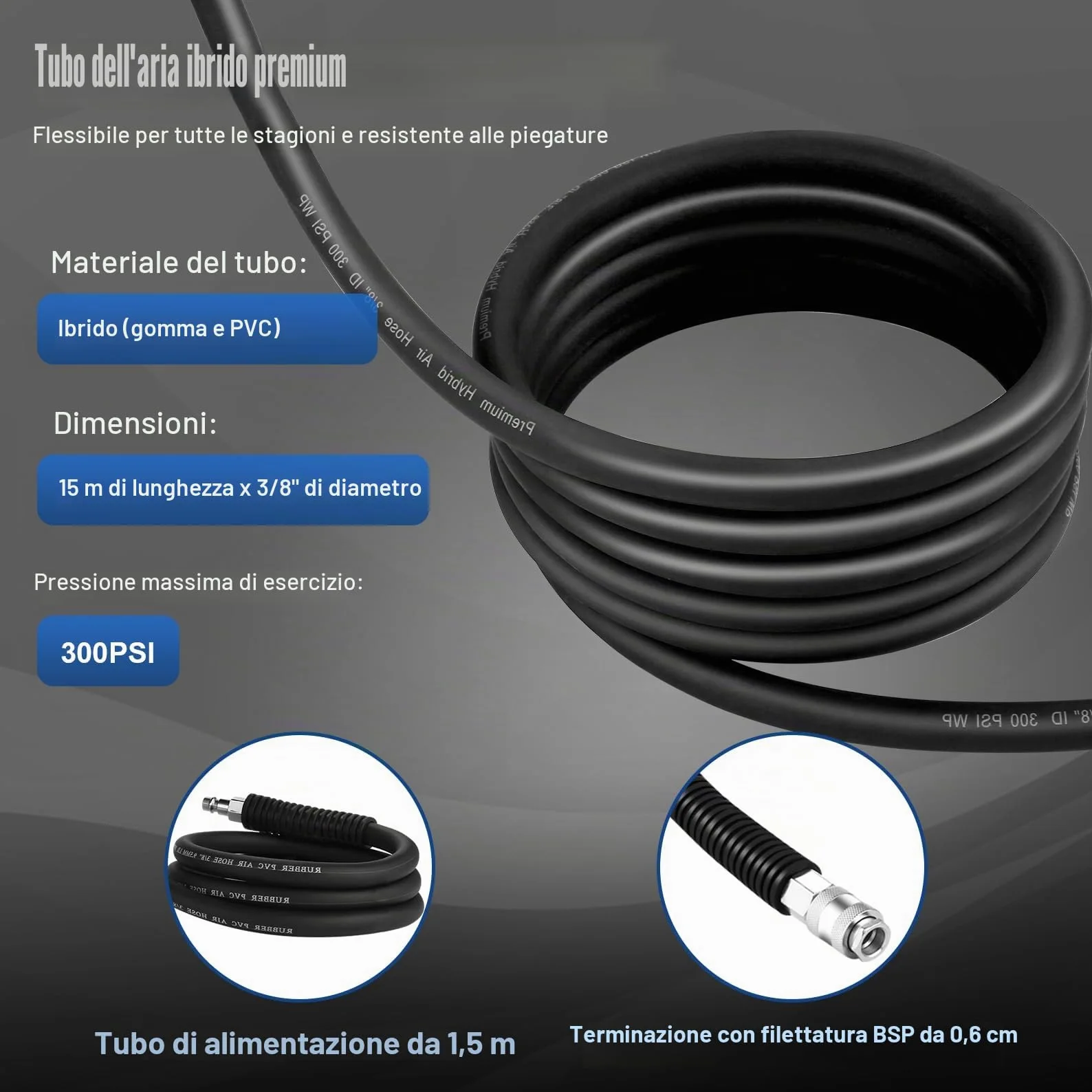 Avvolgitubo ad Aria Compressa con 9,5mm x 15m + 1.5m Tubo, 1/4" BSPT Raccordi Rapidi, Avvolgitubo da Parete per Aria Compressa, Arrotolatore Riavvolgimento Automatico, Max 12 Bar