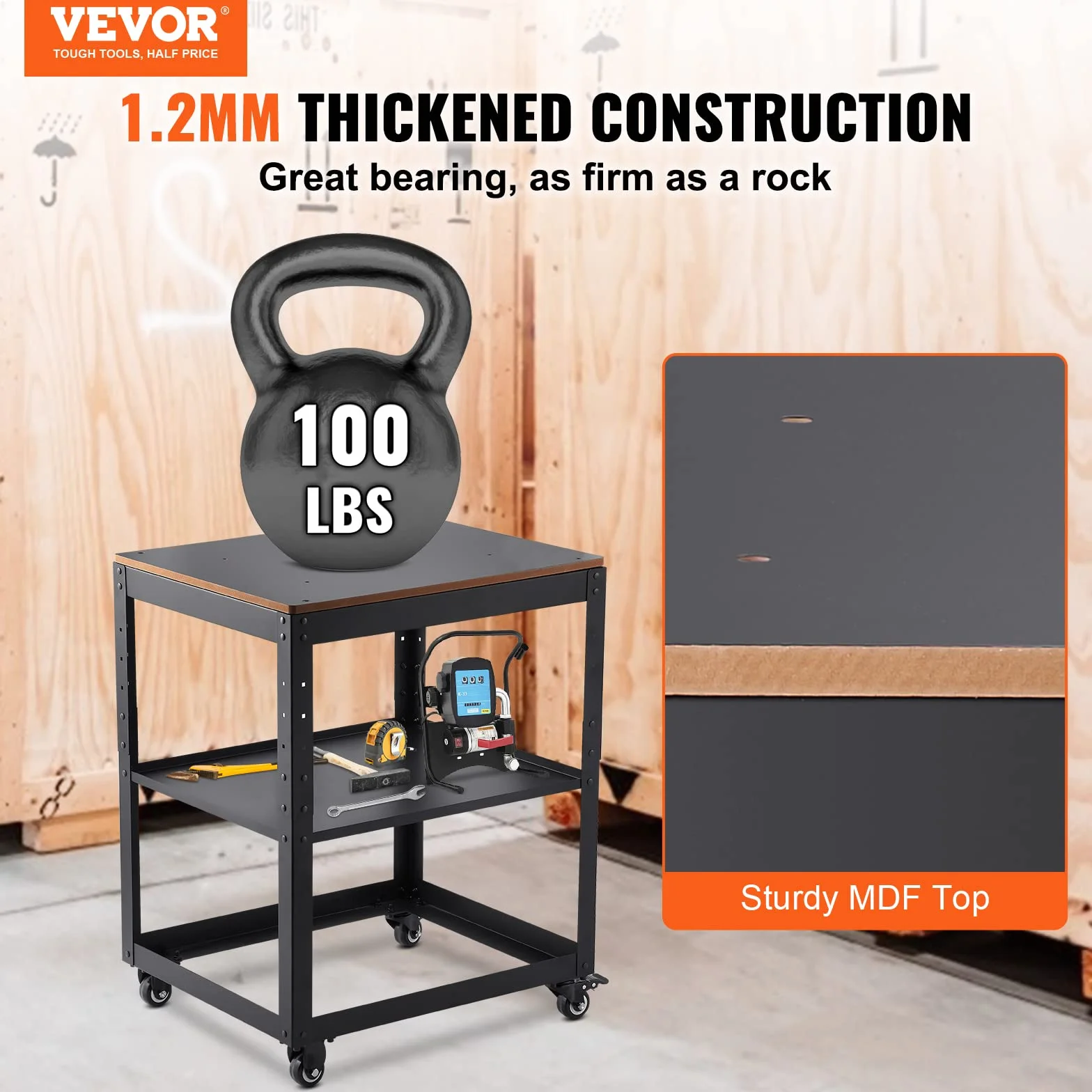 VEVOR Supporto per Pialla a Filo Spessore di Legno Capacità Carico Max. 45kg 4 Ruote, Supporto con Ripiano di Lavoro 3 Livelli 4 Rotelle per Pialla a Spessore Utensili di Falegname da Garage Officina