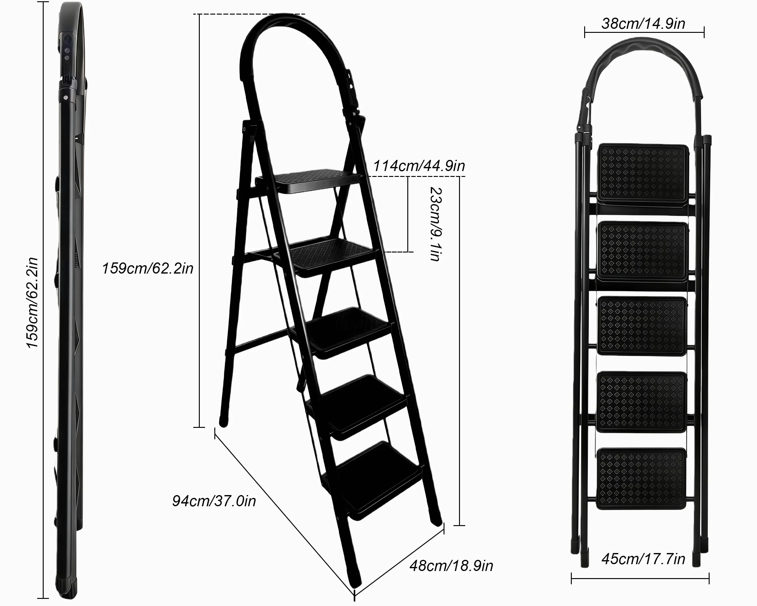 Scala Scaletta 5 Gradini in Acciaio Al Carbonio,Scala 5 Gradini con di blocco di sicurezza,Scaletta Pieghevole Ampia pedana antiscivolo,per Scaletta Cucina Portata 150 kg,Bianco e NeroNero