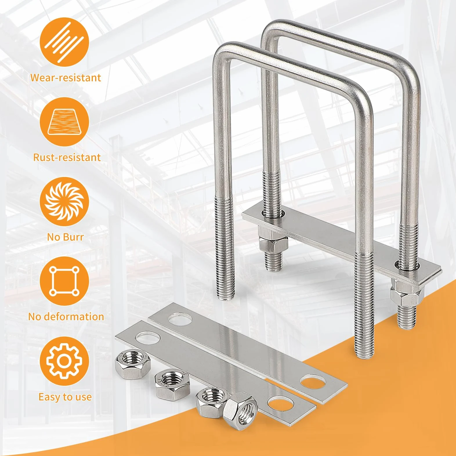 EFUTURETIME 4 x Bullone a U M10 Quadrato 80 * 150mm, Cavallotto di Fissaggio a U Acciaio Inox con 16 Dado e 8 Lamiera per Tubi, Industriali, Vita Quotidiana