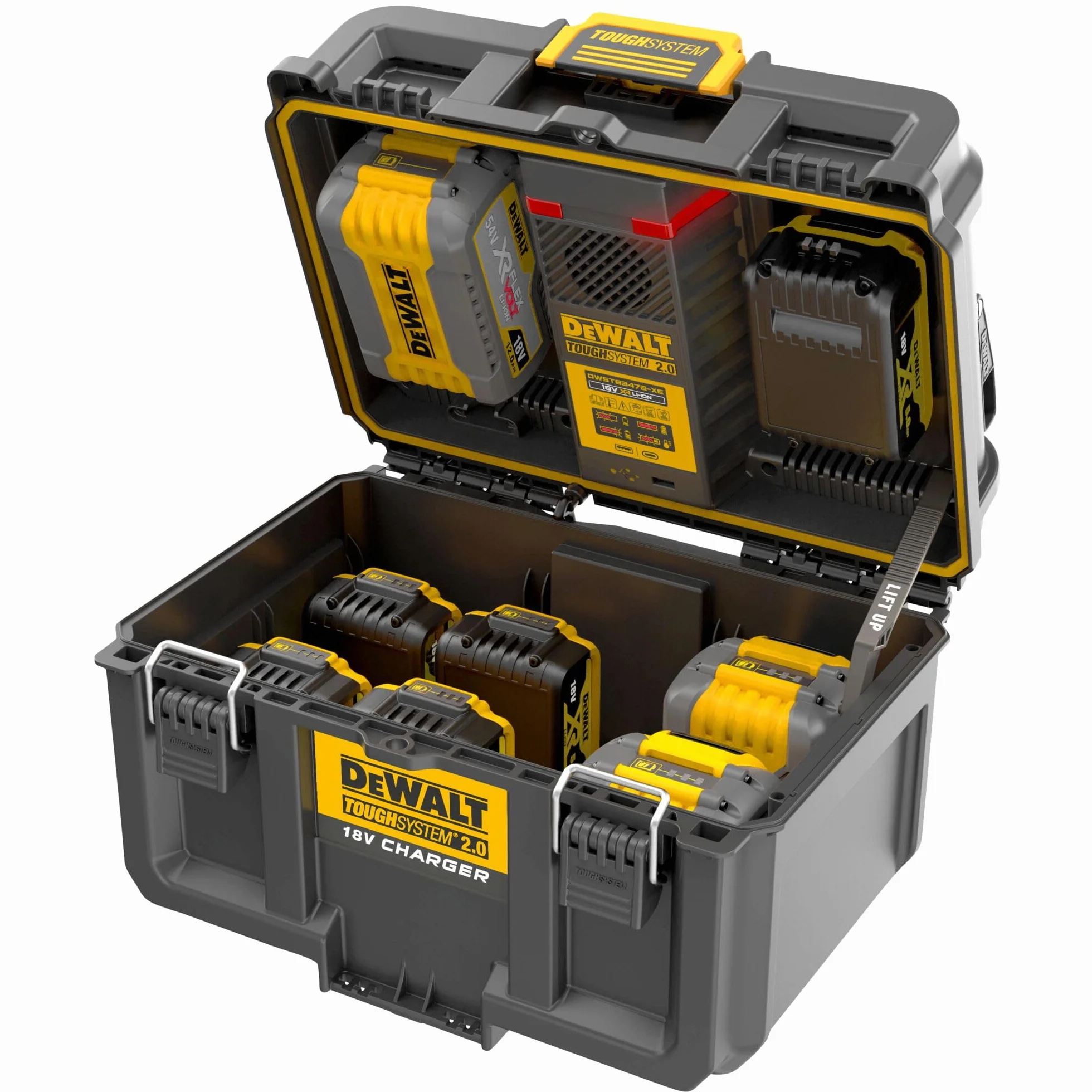 Dewalt Dwst83471-Qw 1/2 Tough System 2.0, Doppio Caricabatteria 4A con Carica Simultanea per Batteria Xr 18V, Flexvolt, Ventola Interna per Dissipazione Calore Quando Chiusa