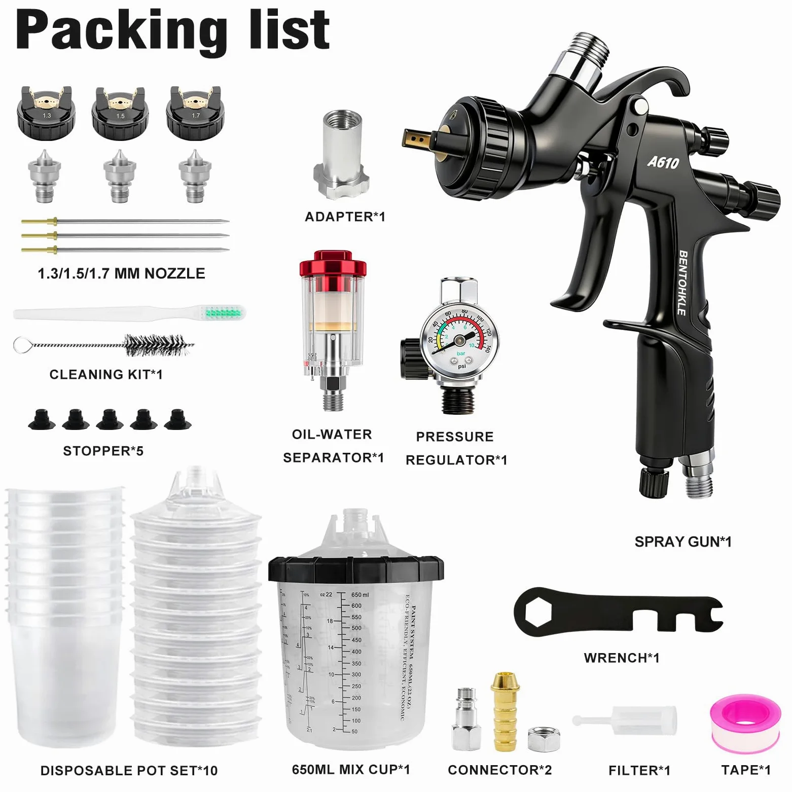 R500 LVLP Pistola a spruzzo ad aria con 10 contenitori monouso da 650 ml, Pistole a Spruzzo A610 per automobili, Spruzzatore per Verniciatura con 1,3/1,5/1,7 mm Ugelli (A610 con 10 vaschette vernice)