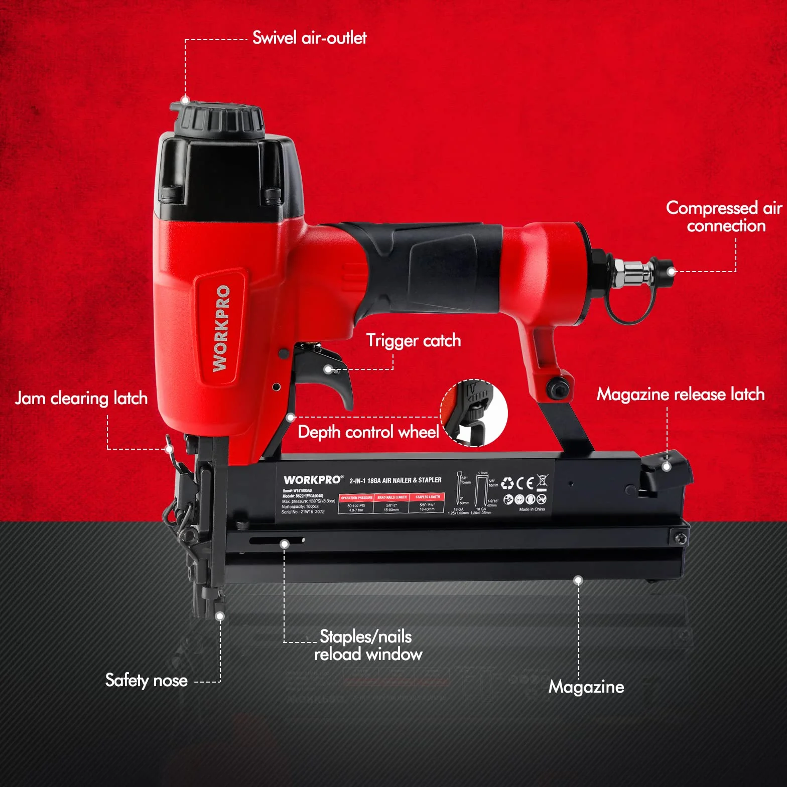 WORKPRO Chiodatrice Pneumatica 2 in 1, 18GA 9040/F50 Sparachiodi Aria Compressa max 7,1 bar con 400 Chiodi e 300 Graffette, Adatto per la fabbricazione di mobili, decorazione d'interni ecc