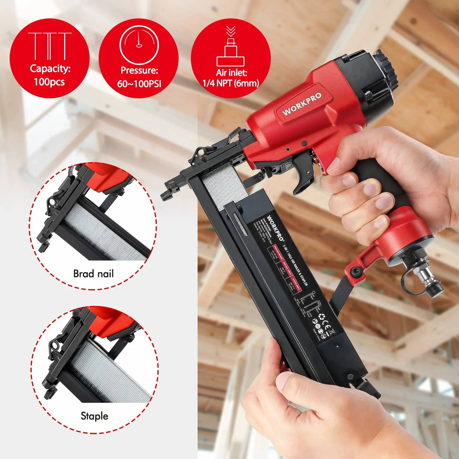 WORKPRO Chiodatrice Pneumatica 2 in 1, 18GA 9040/F50 Sparachiodi Aria Compressa max 7,1 bar con 400 Chiodi e 300 Graffette, Adatto per la fabbricazione di mobili, decorazione d'interni ecc