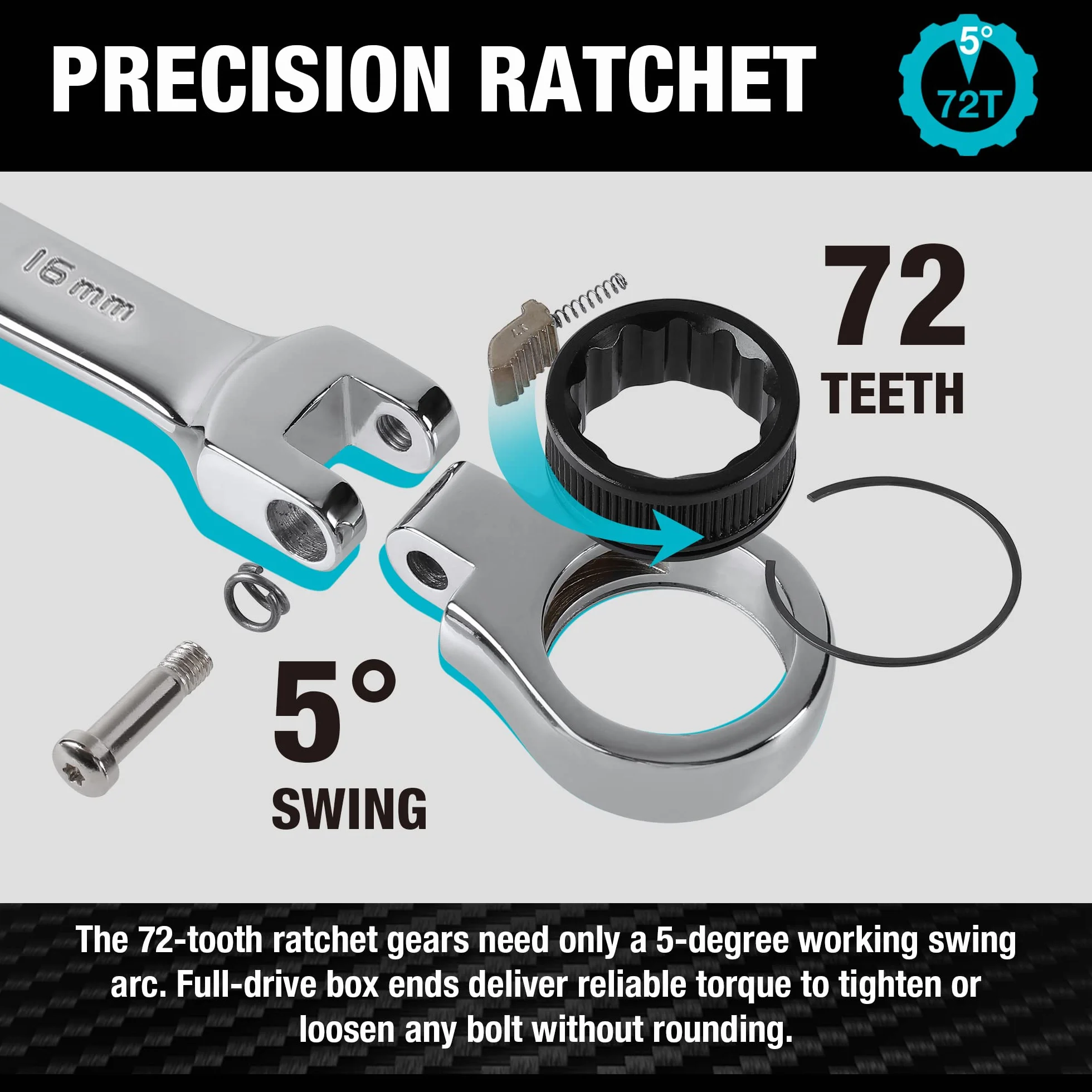 DURATECH Set di chiavi a cricchetto con testa flessibile, 12 pezzi, con cricchetto a 72 denti, acciaio al cromo vanadio, metriche, 8-19 mm