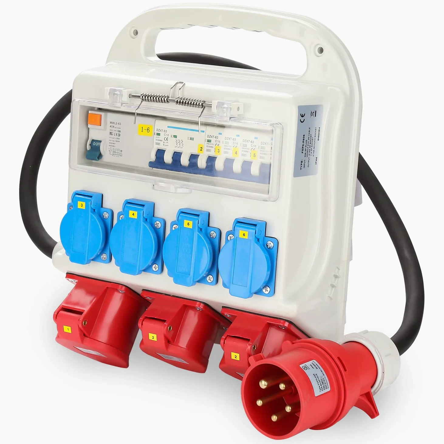 Daromigo Interruttore di protezione FI, Distributore da parete 2 x CEE 400 V/16 A+4 x 230 V Schuko IP44 5 poli, Distributore di corrente con cavo, coperchi di sicurezza per cantieri