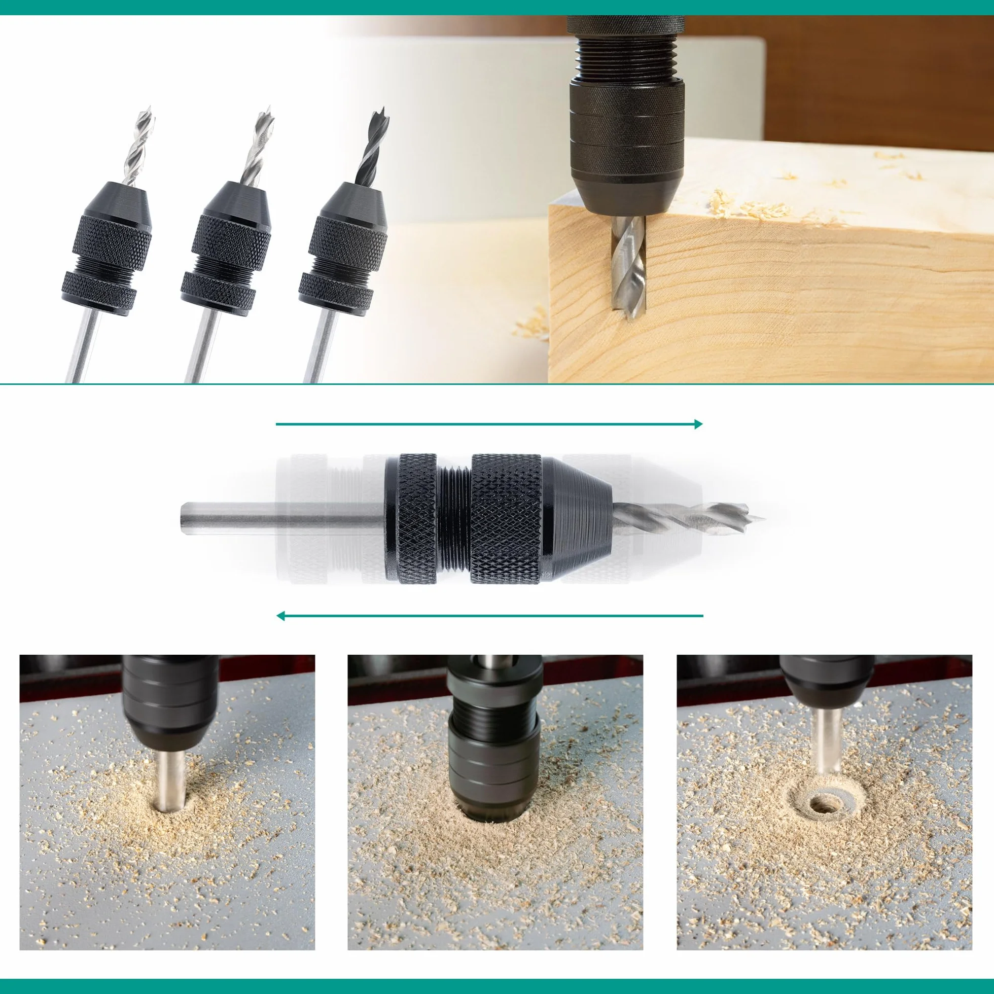 ENT 26512 Set di arresto di profondità, Ø variabile 3-11 mm, arresto di foratura in alluminio per punte da legno e punte elicoidali da legno