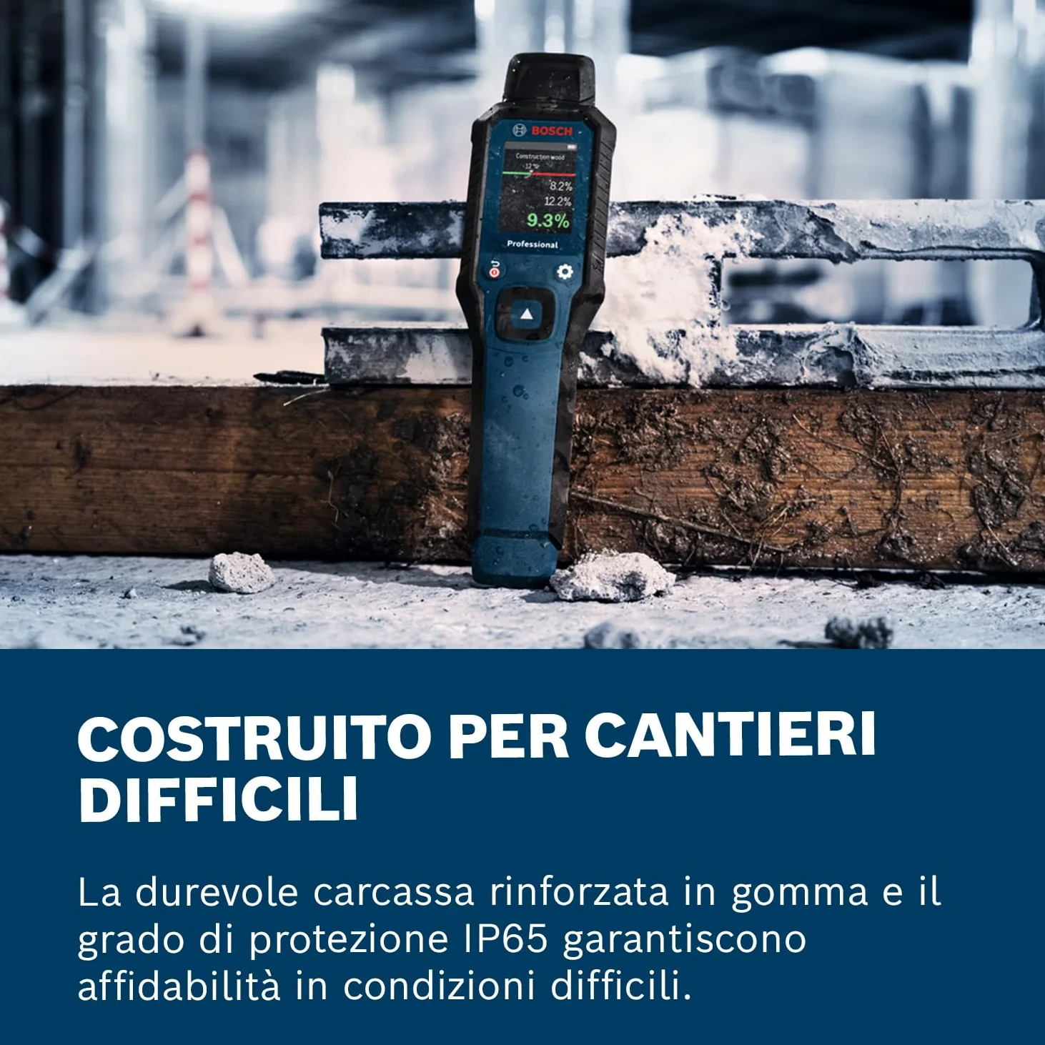 Bosch Professional Igrometro GMP 1-13 (con pin di misurazione, misura 37 tipi di legno e 10 materiali da costruzione, protezione IP65, LCD ad alto contrasto, 2 batterie AA, custodia)