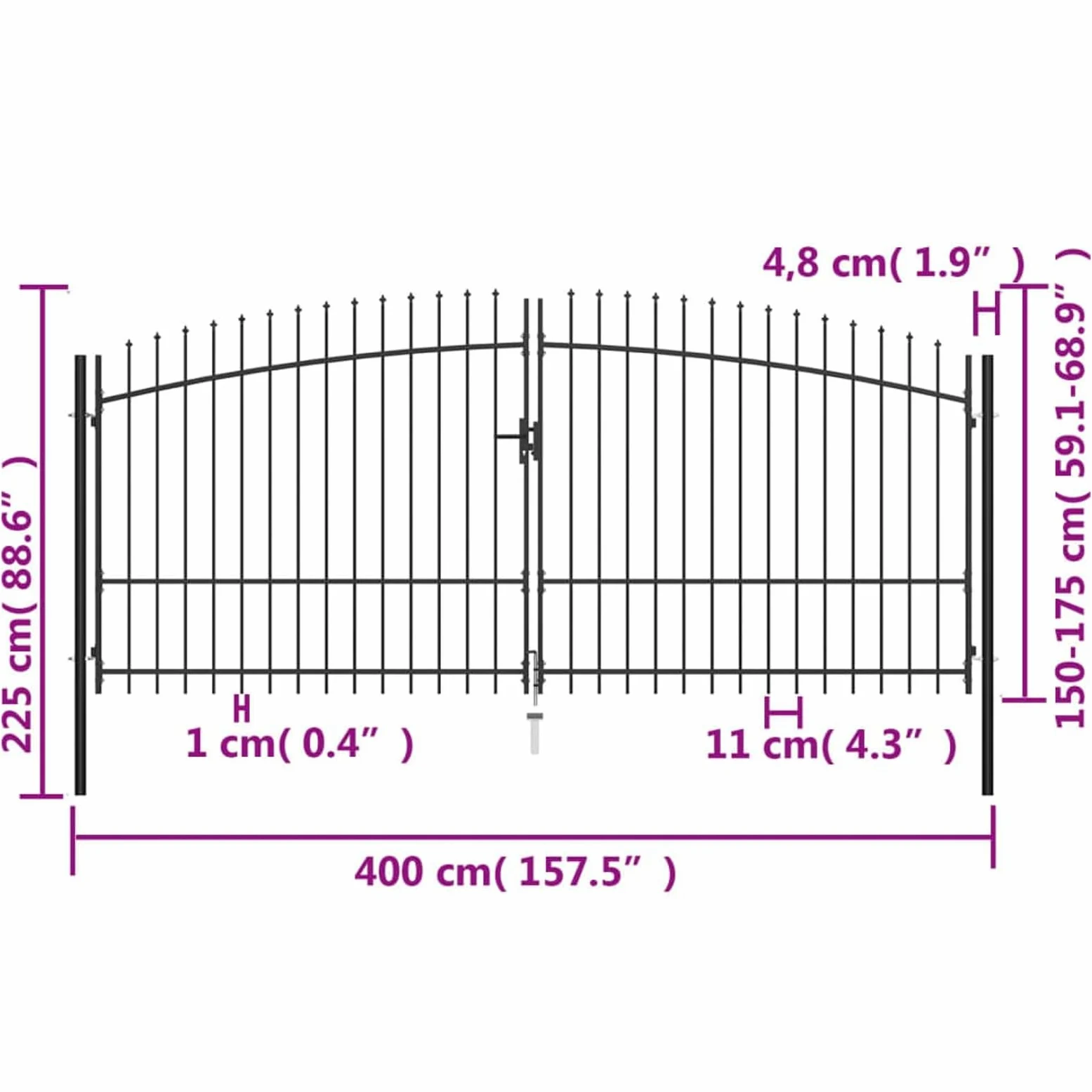 Cancello Doppio Giardino Esterno con Punte a Lancia Cacello per Recinzione Cancello in Metallo Cancello da Esterno con Chiavi -400 x 225 cm