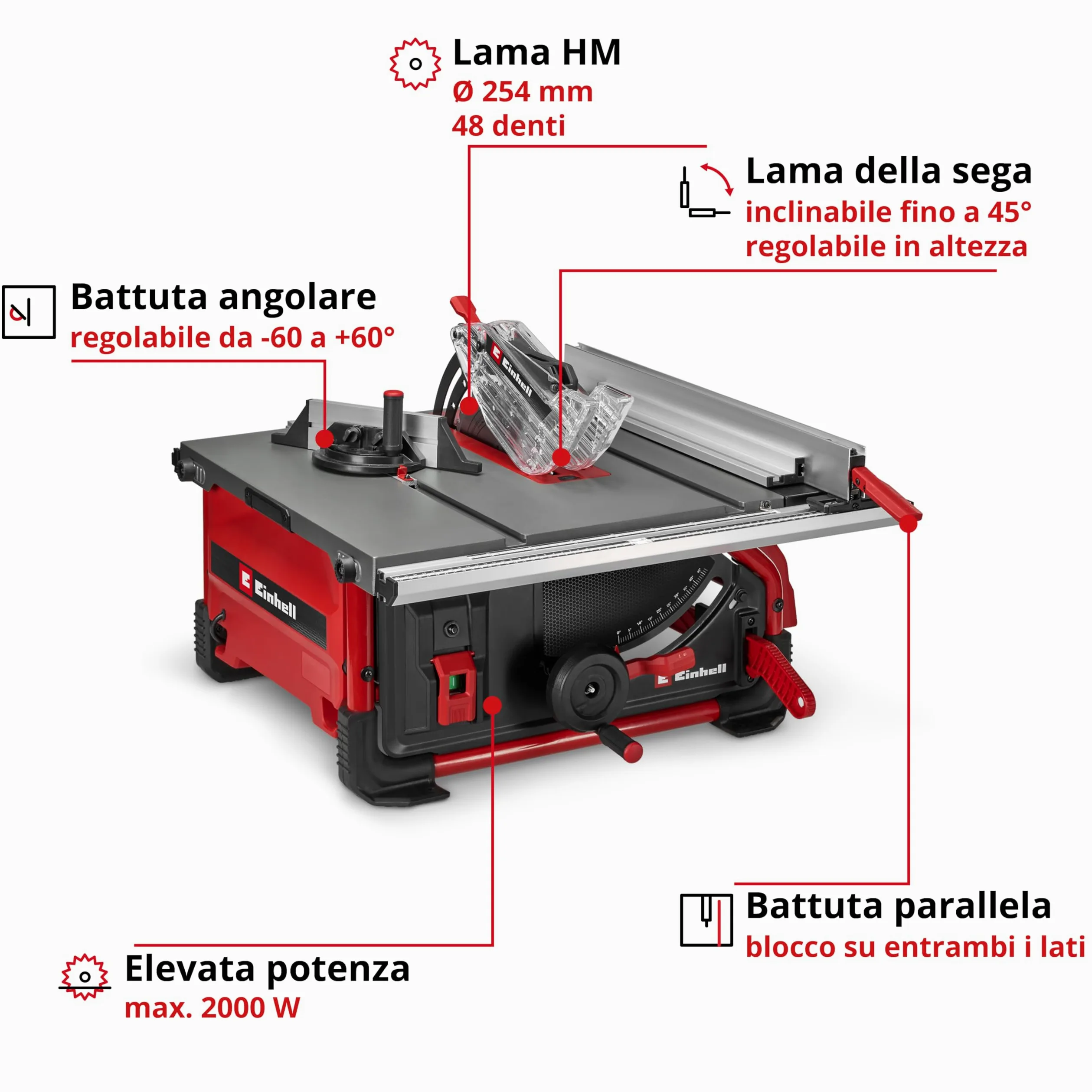 Sega circolare da banco Einhell TE-TS 10 T (2000 W, altezza di taglio 89 mm, lama Ø 254 mm, allargatore da tavolo, guida angolare, guida parallela, asta di spinta, attacco di aspirazione)