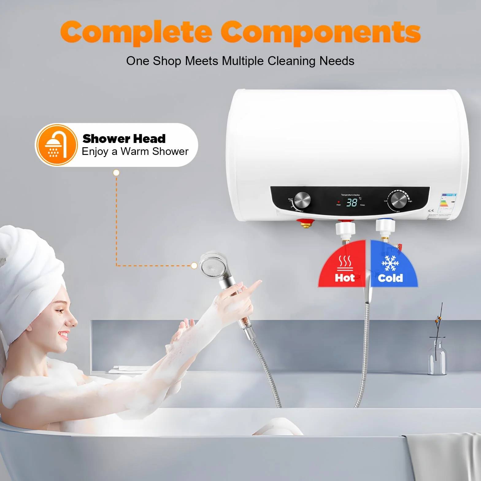 Riscaldatore istantaneo da 220 V, serbatoio dell'acqua elettrico da 50 l/120 l, caldaia orizzontale, scaldabagno elettrico, scaldabagno a parete, bollitore con doccetta (50 l)