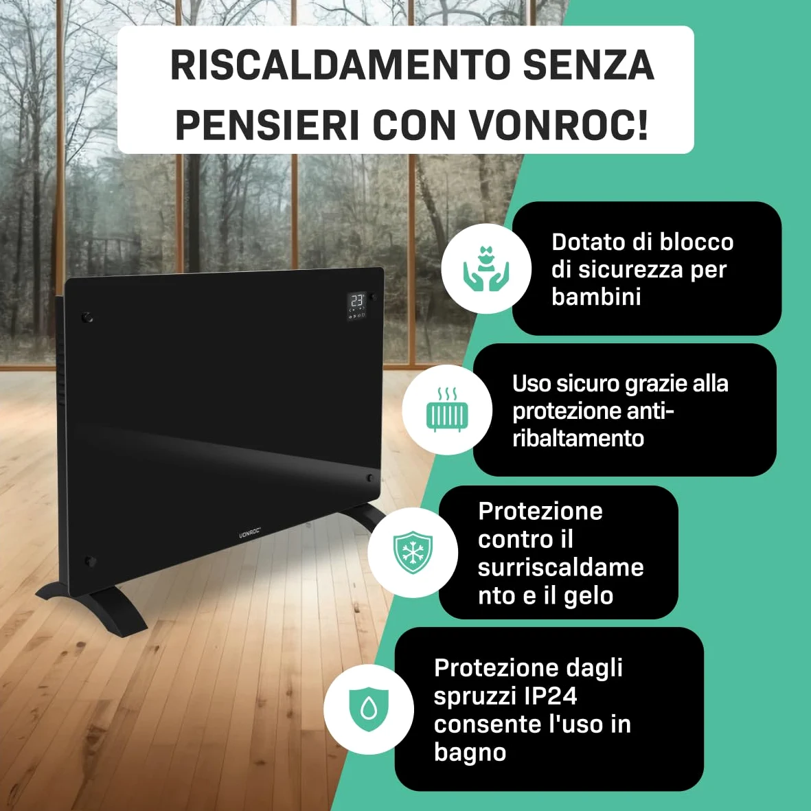 VONROC Riscaldatore elettrico di lusso | Termoconvettore smart a pannello in vetro - 2000W - | Controllo manuale e Wifi Nero