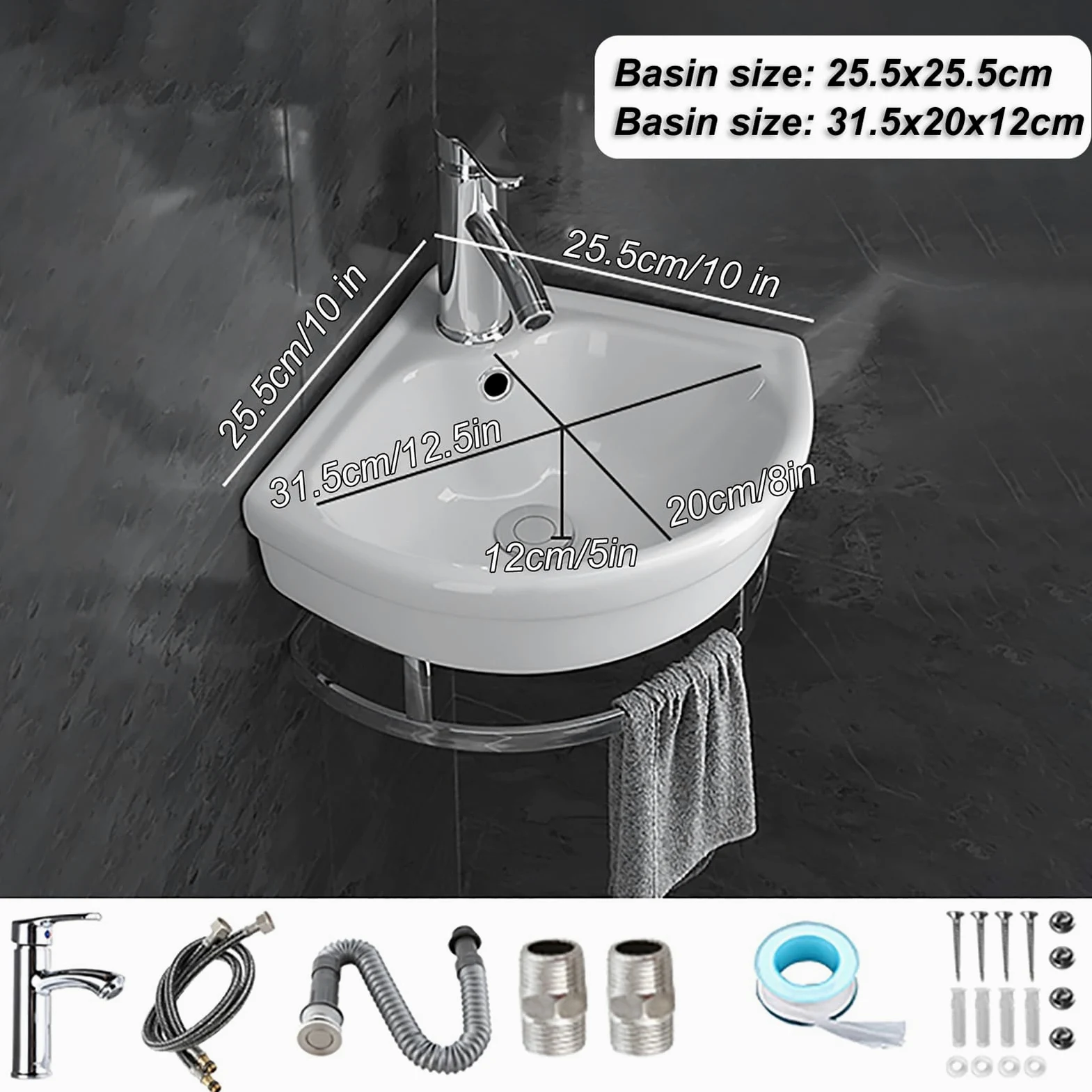 Lavello da bagno moderno ad angolo da 25,4 cm, piccolo lavabo da parete con rubinetto di scarico barra per asciugamani per cucina bagno fattoria