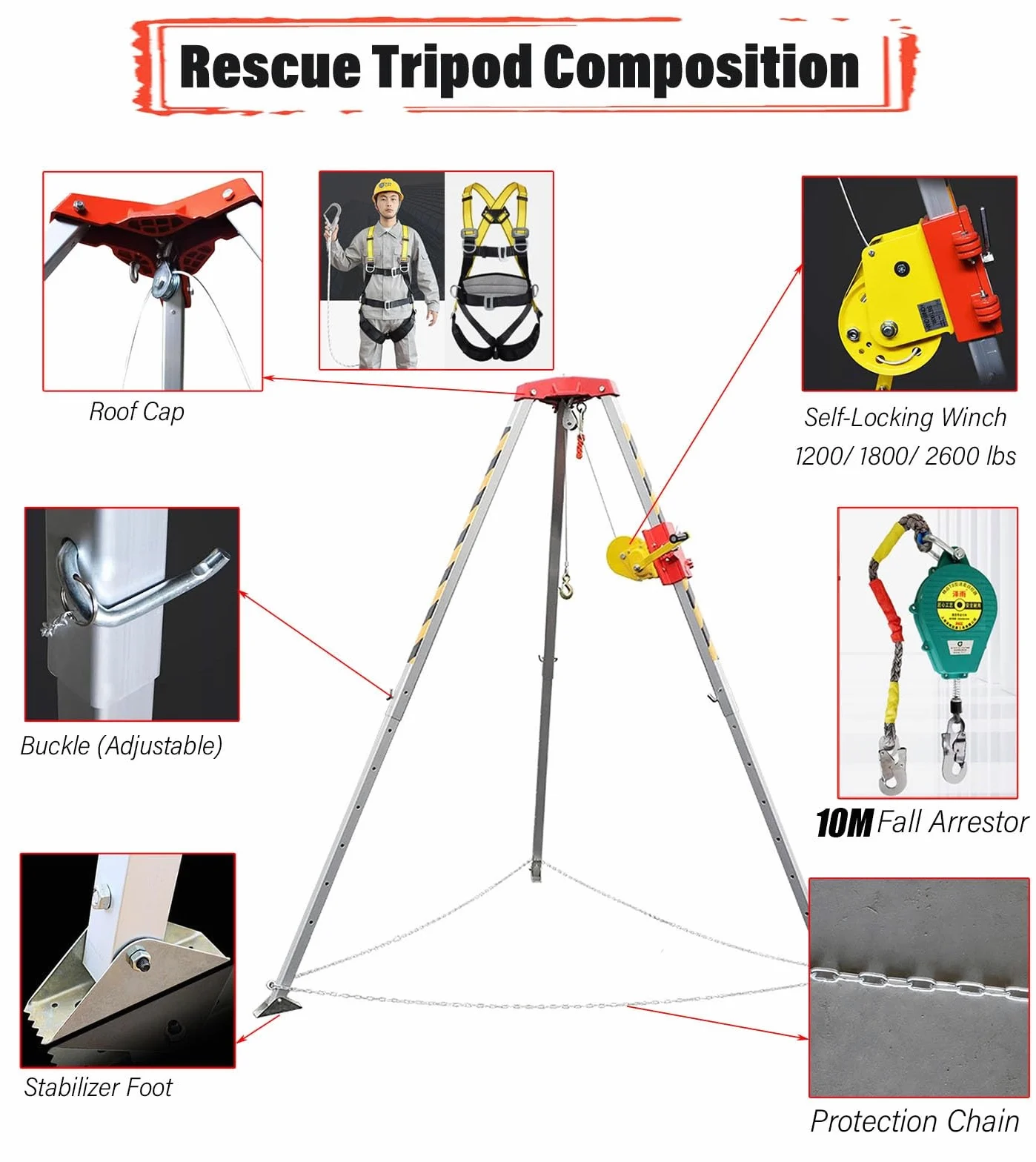 Kit Treppiede Anticaduta Spazi Ristretti Di Salvataggio A Treppiede Con Argano Da 544 816 1180 KG, Scala Di Sollevamento Per Spazi Confinati/ Attrezzatura Di Sollevamento Stabilizzatore Per La Costruz