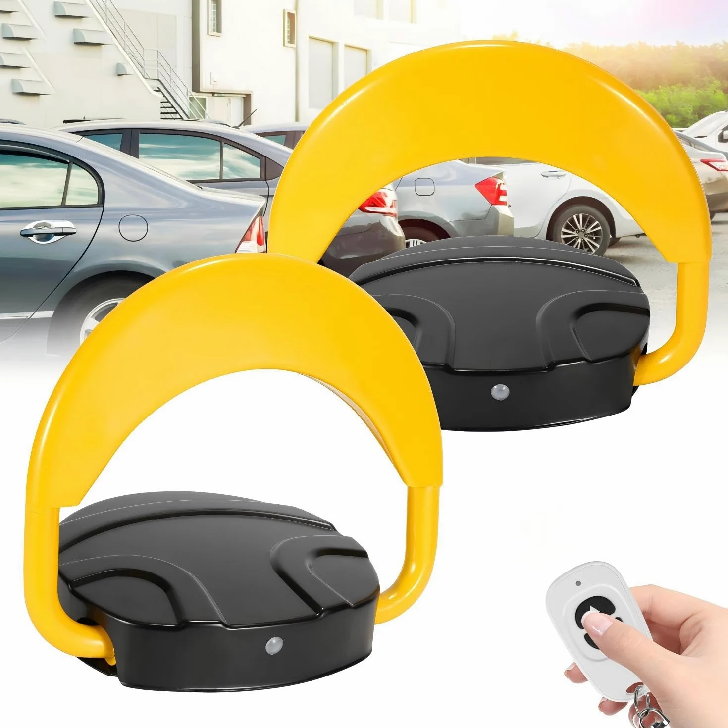 Set di 2 blocchi di parcheggio elettrici, 4 telecomandi e 4 chiavi, IP67, impermeabili, pali di parcheggio pieghevoli in acciaio, barriera a 180° con allarme per parcheggio privato