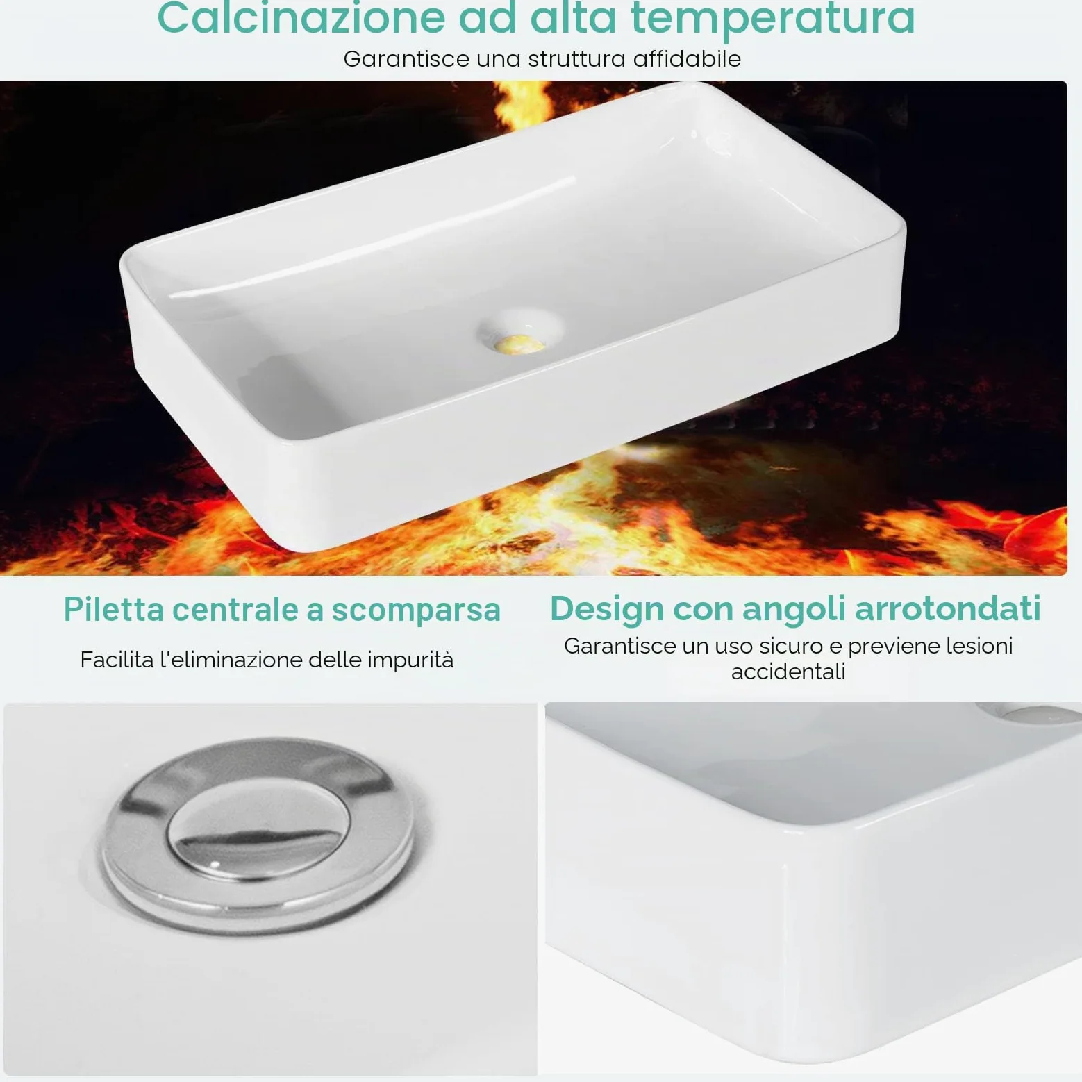 LIFEZEAL Lavandino Bagno, Lavabo da Appoggio, 60 x 35 x 11 cm, Lavabo Bagno, Glassa in Porcellana, Rettangolare, Scarico Escamotable, Ideale per Casa Ristorante e Hotel, Bianco