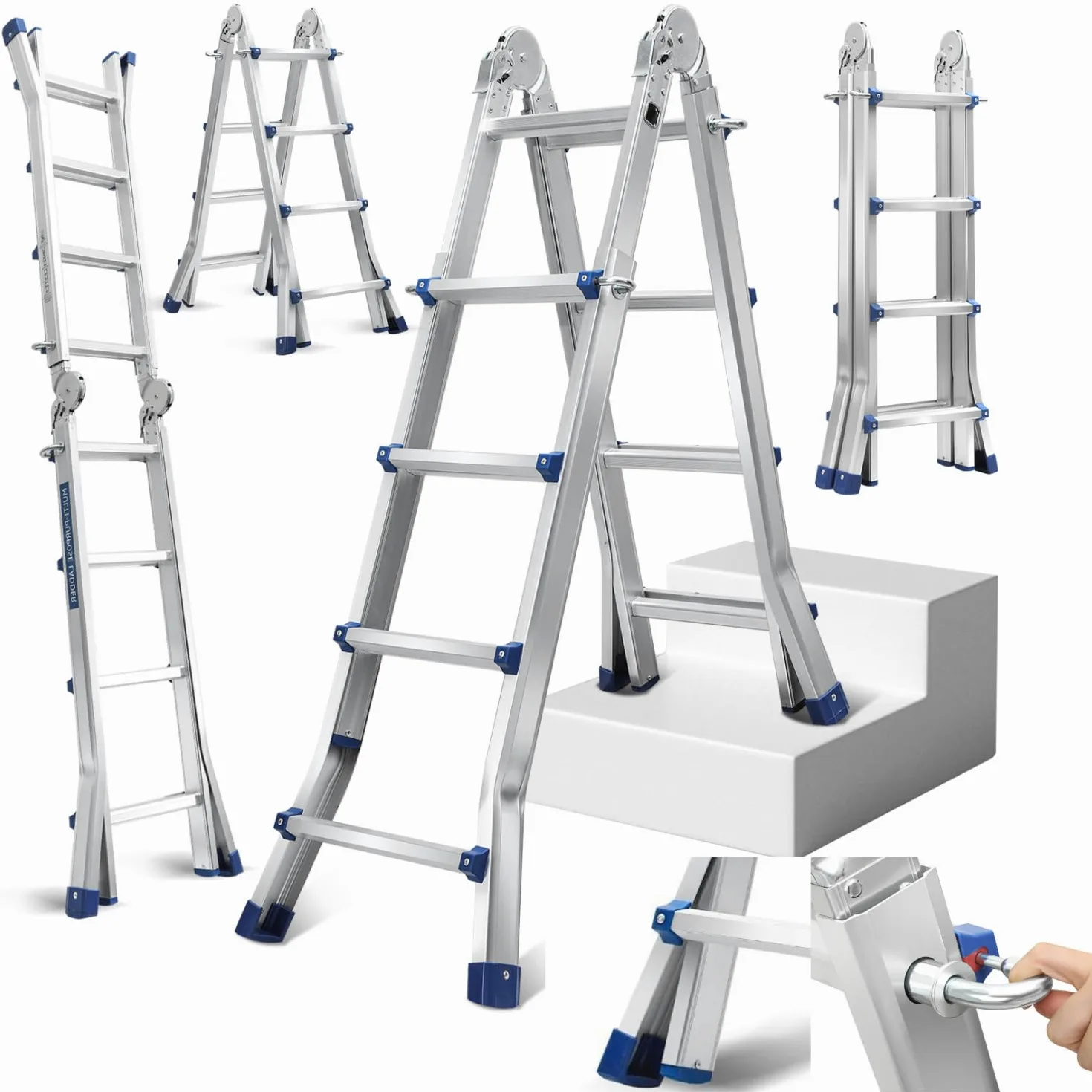 Fiqops Scala telescopica 4 m x 4 gradini, in alluminio, antiscivolo, portata 150 kg/330 LB, scala in alluminio allungabile