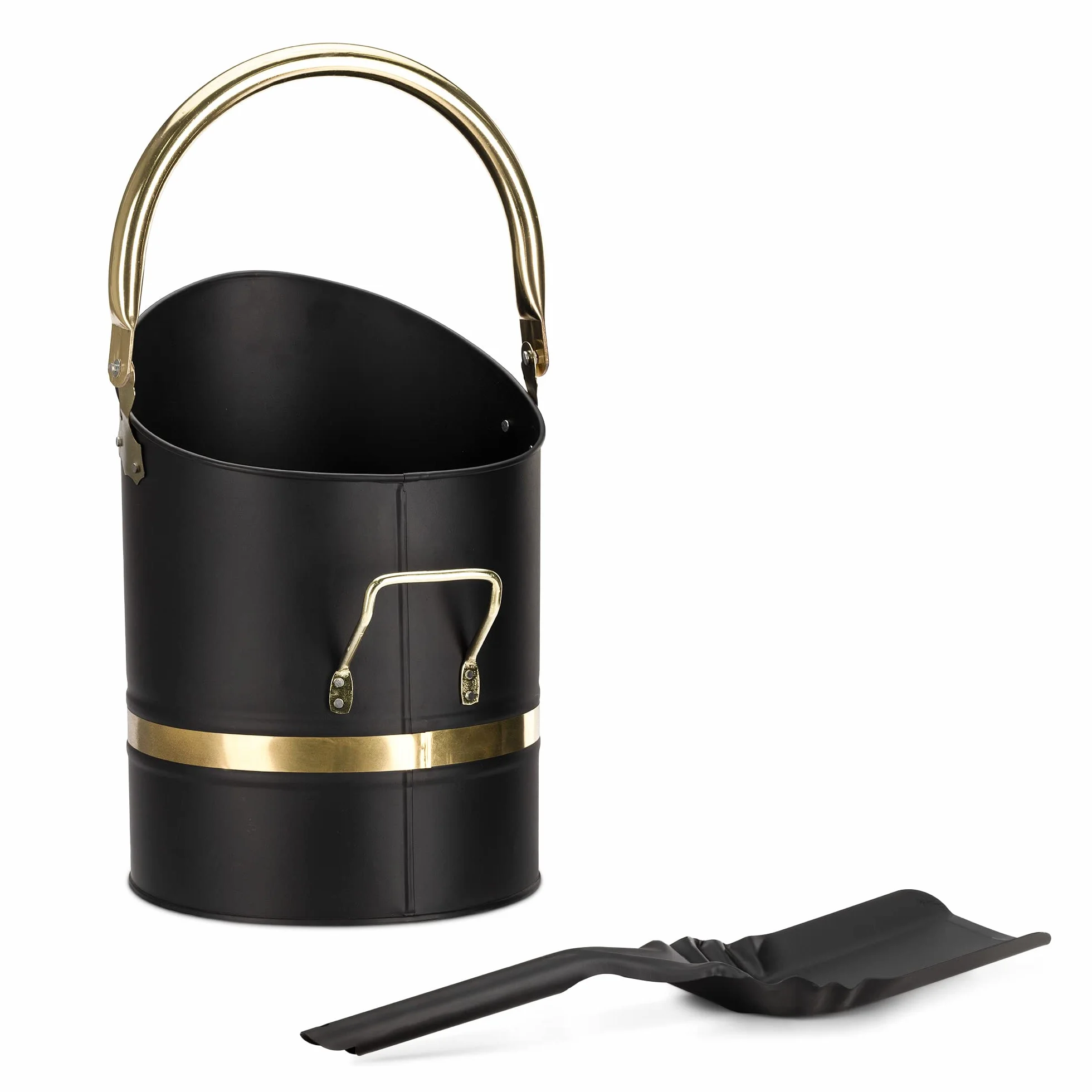 Navaris Secchio Raccogli Cenere con Paletta - Secchio Raccolta Cenere Camino Carbone Grill Barbecue - Set Raccolta Cenere da Camino - Ferro - Nero Oro