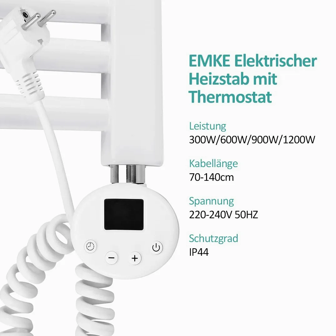 EMKE Barra riscaldante con termostato da 600 W, Colore Bianco, Elemento riscaldante per termosifoni da Bagno con Schermo LCD, Cartuccia riscaldante in Acciaio Inox, Adatta per radiatori