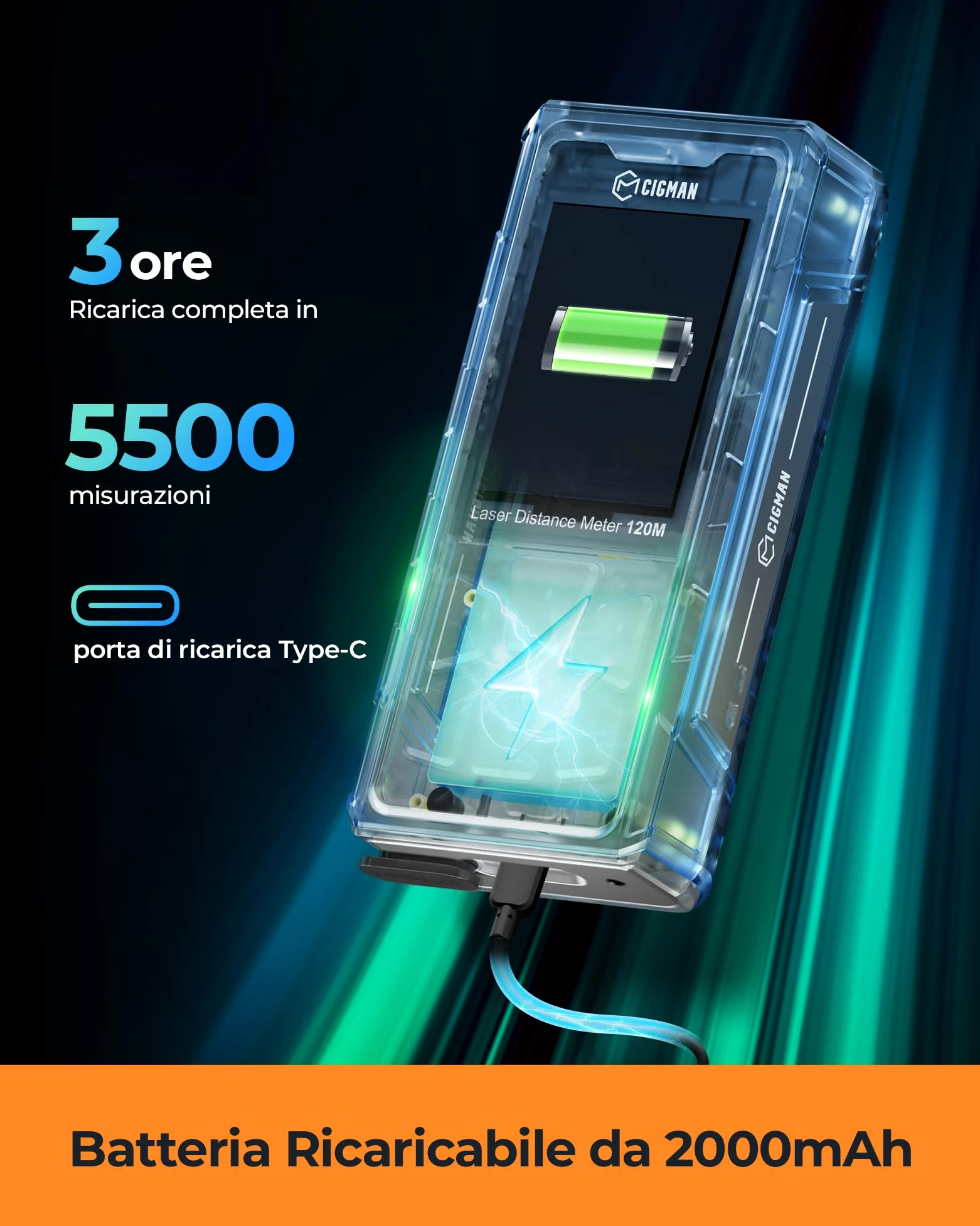 120M Metro laser, CIGMAN telecamera integrata, telemetro laser con fotocamera zoom 4x, schermo LCD, dispositivo di misurazione laser IP65, 16 modalità di misurazione per esterni, (CD-120G)