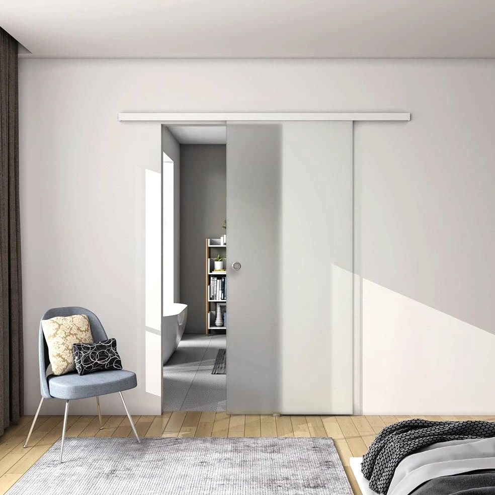 100x225 cm Porta Scorrevole in Vetro da 8 mm Temperato Opaco con Pellicola Anti-frantumi con Binario in Alluminio Bianco Verniciato